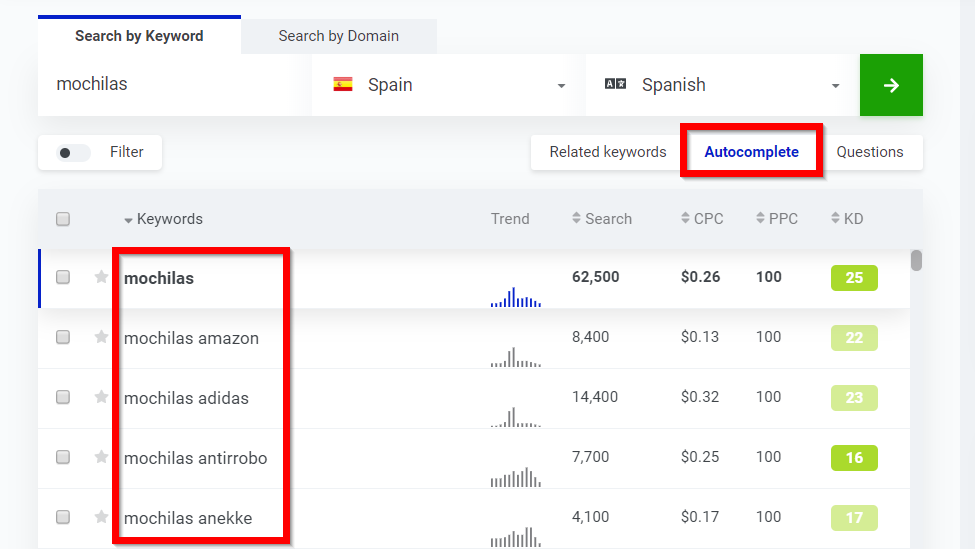 Autocompletar keywords en KWFinder