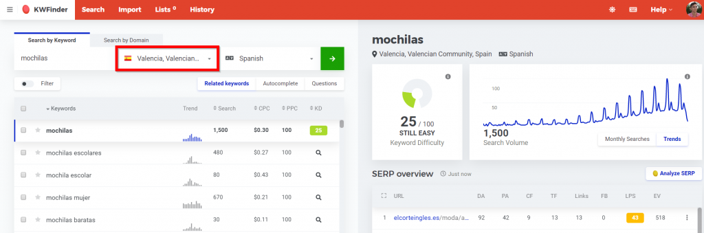 Estudio de palabras clave locales con la herramienta SEO KWFinder